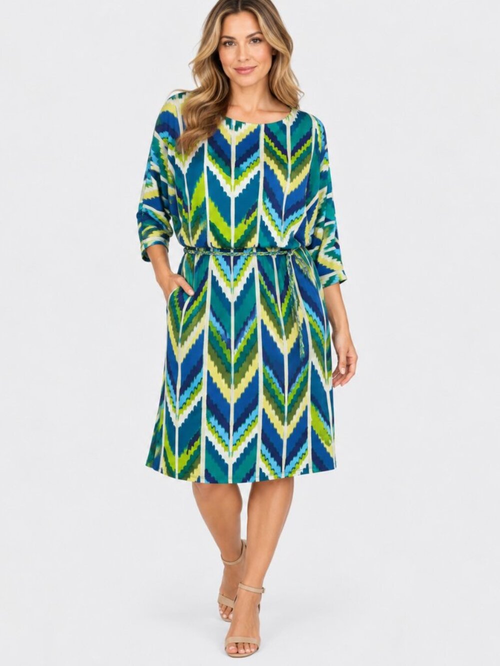 Roz & Ali Women’s 16 Blue Green Chevron Print Dress 3/4 Sleeve Belted Midi
